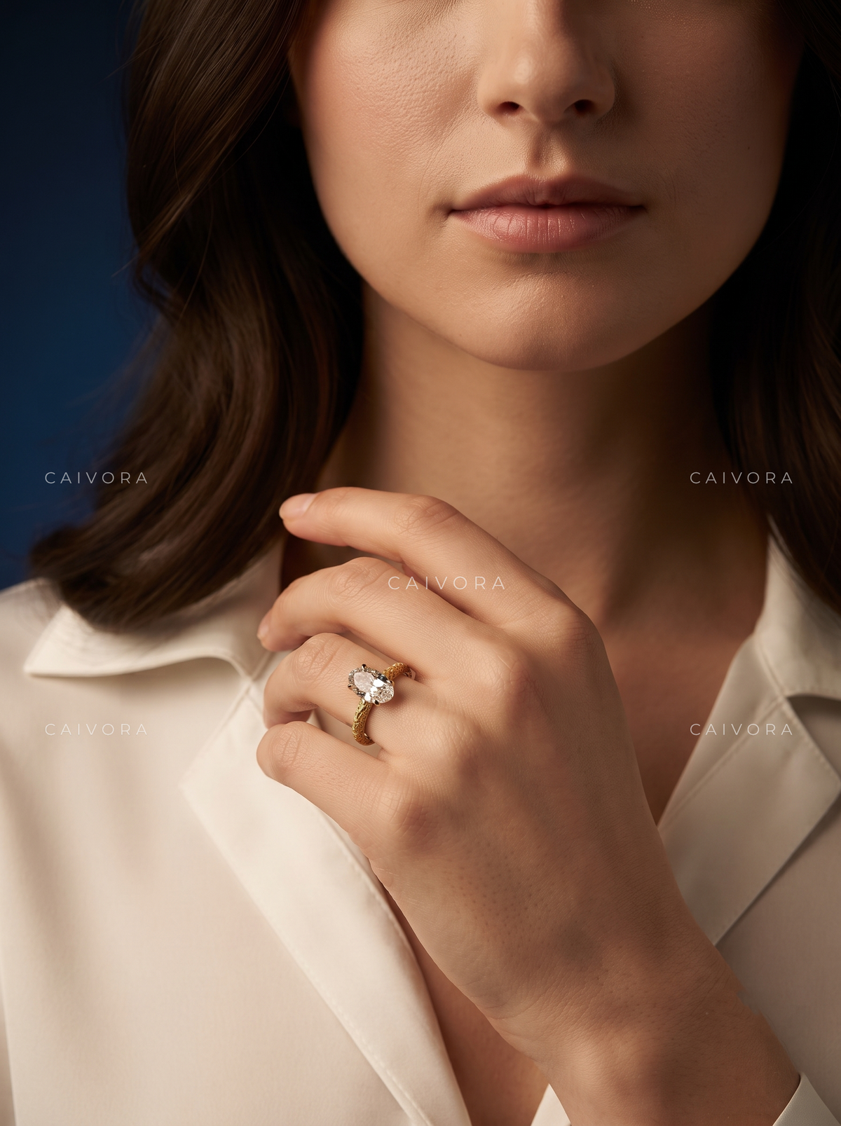 Moval Cut Artisanal Floral Solitaire Engagement Ring