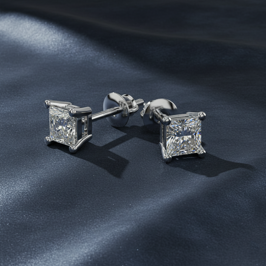 Modern Princess Cut Diamond Stud Earrings