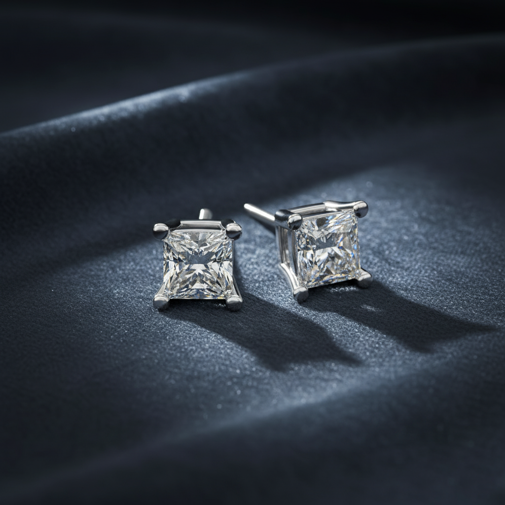 Modern Princess Cut Diamond Stud Earrings