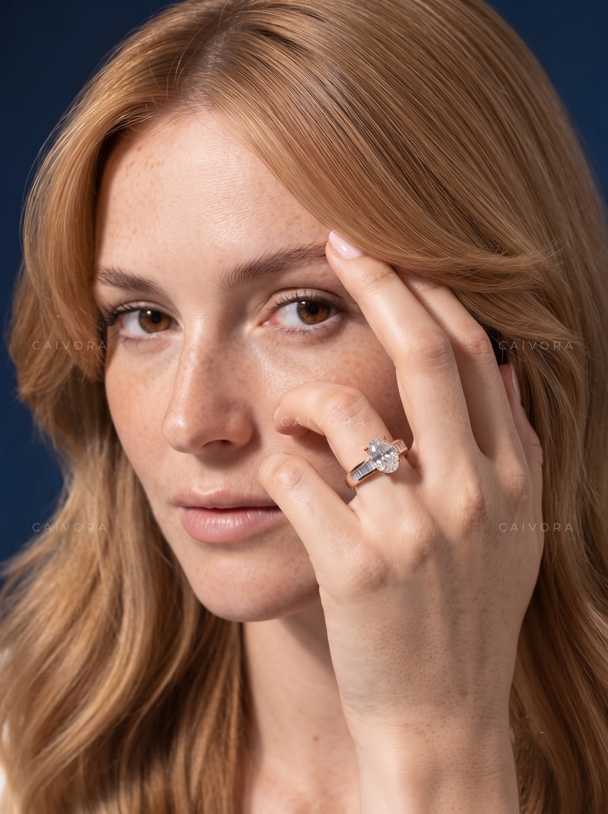 Moval Diamond Channel Setting Engagement Ring with Baguette Accents