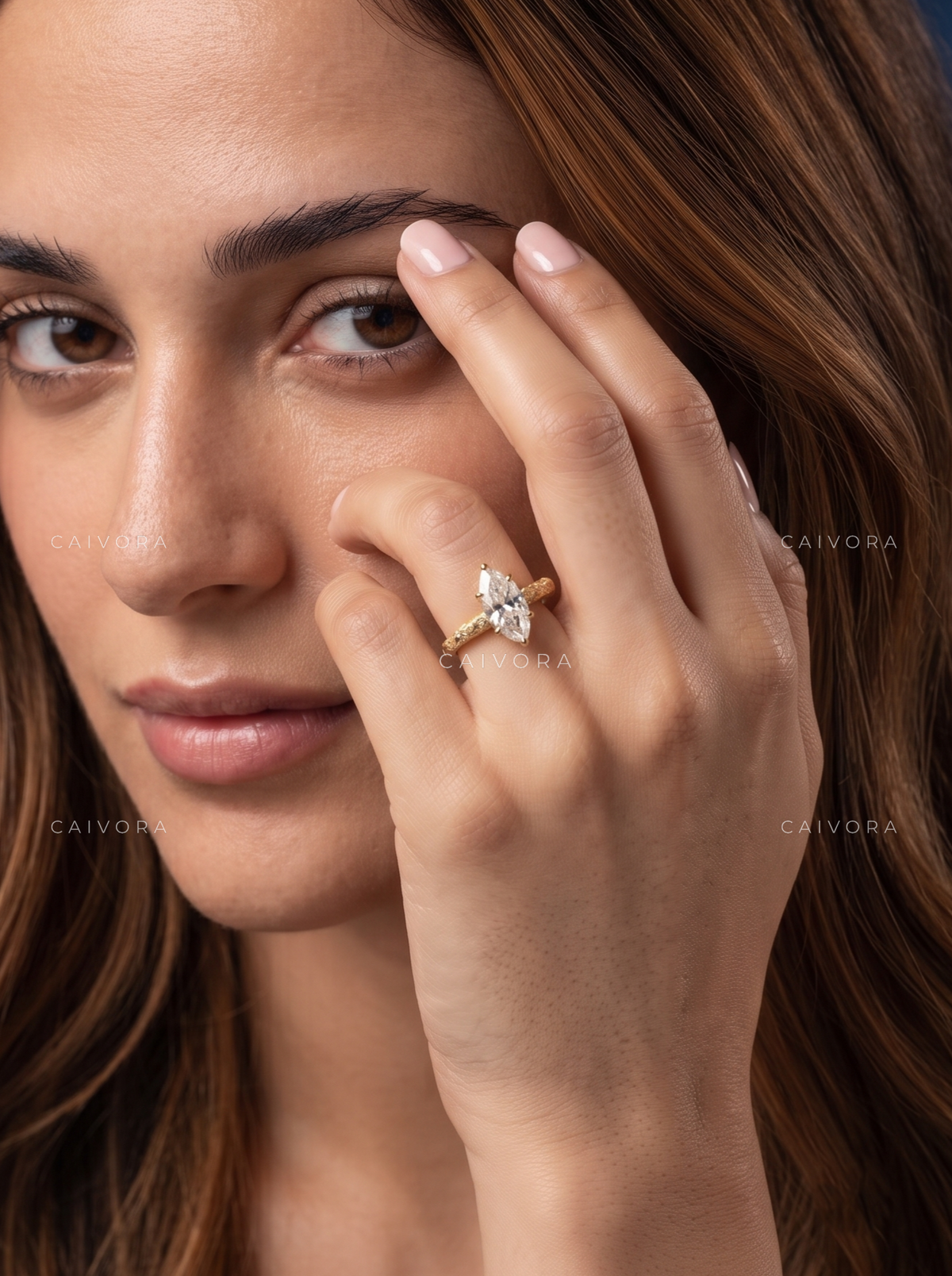 Marquise Cut Floral Engraved Solitaire Engagement Ring