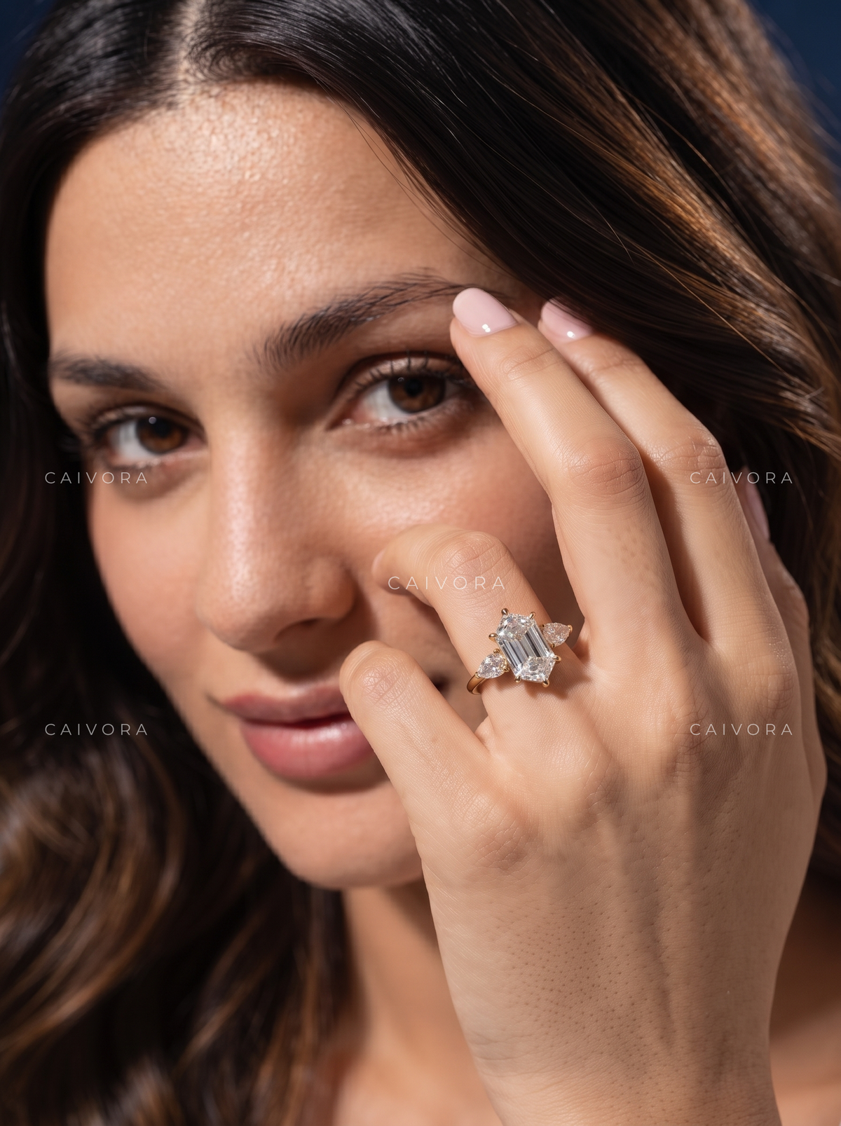 Modern Three Stone Elegance with a Hexagon Cut Center