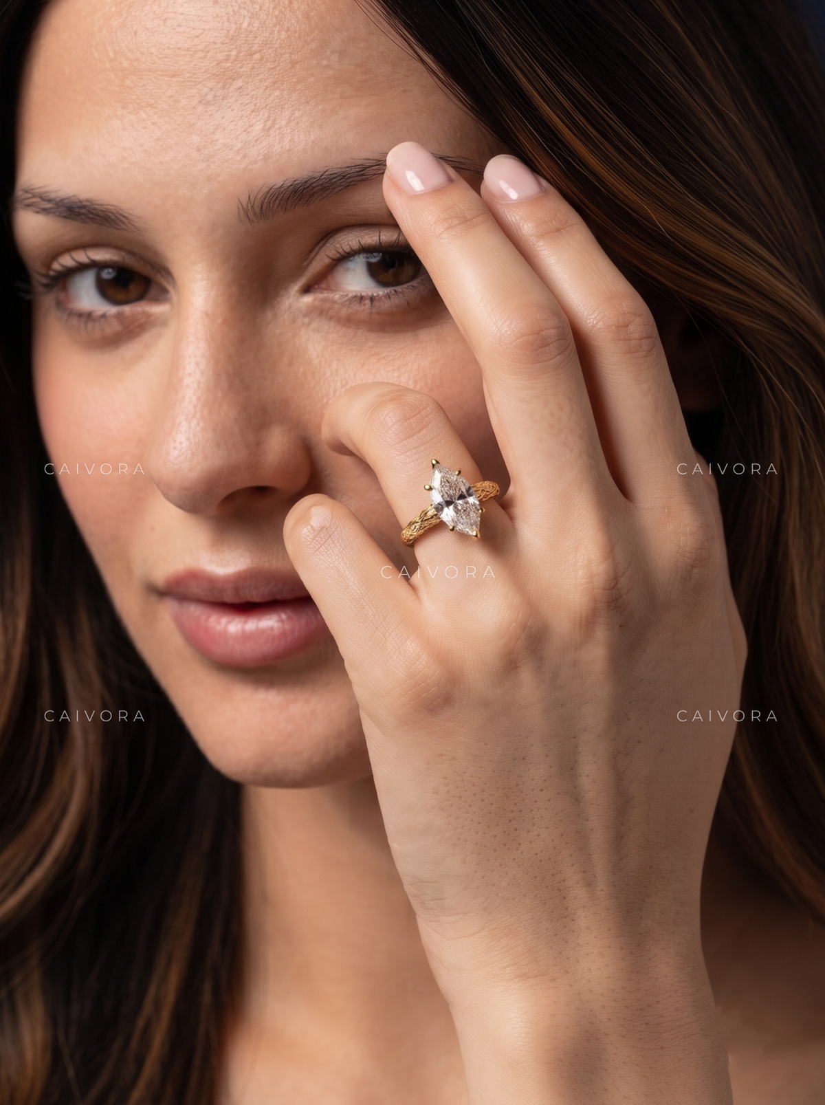Hexagon Cut Floral Engraved Solitaire Engagement Ring