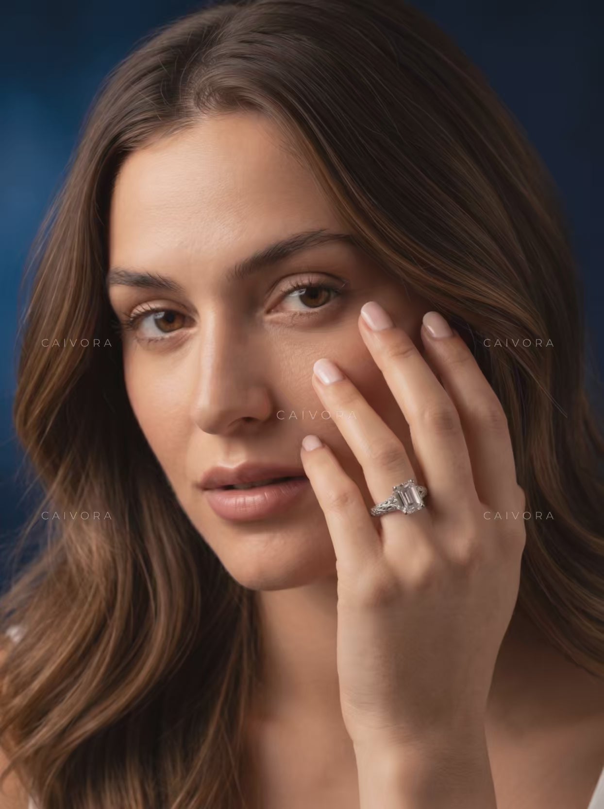 Emerald Cut Floral Engraved Solitaire Engagement Ring