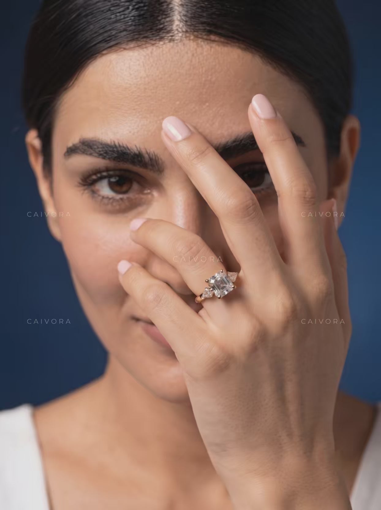 Modern Three Stone Engagement Ring with Asscher Diamond & Kite Accents