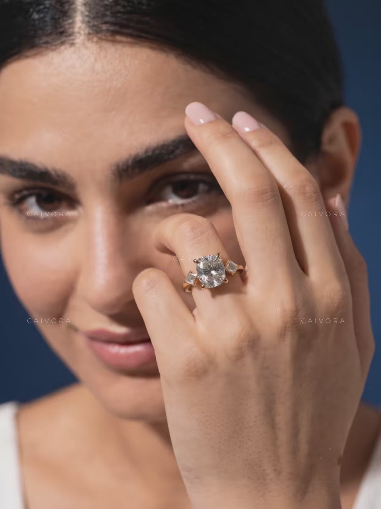 Refined Three Stone Engagement Ring with Cushion Diamond & Kite Accents