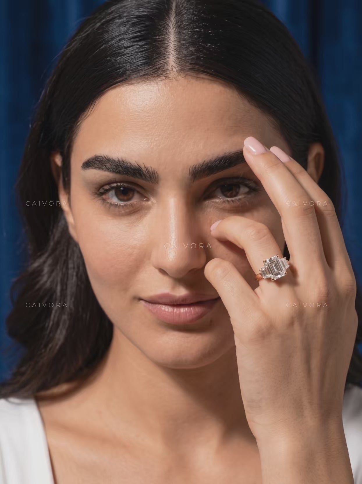 Vintage Inspired Three Stone Engagement Ring with Asscher Diamond & Trapezoid Accents