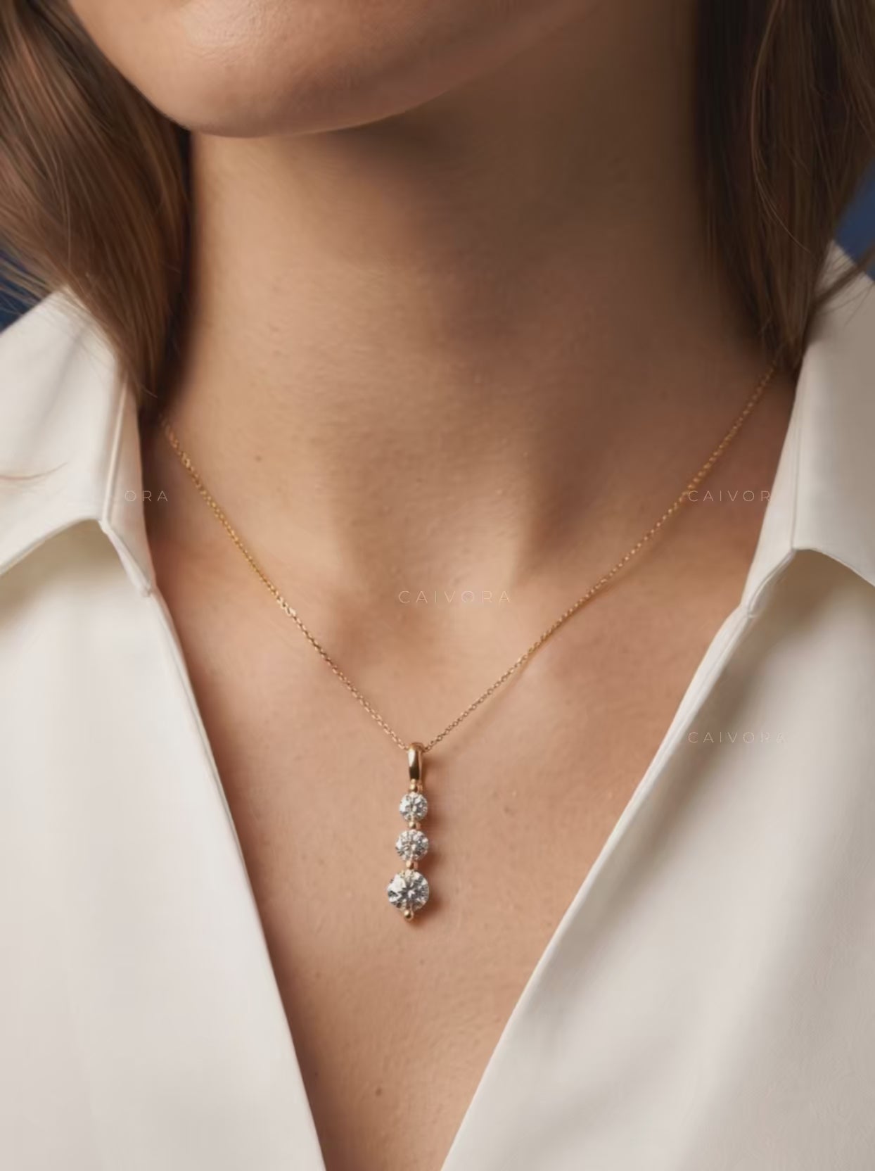 Three Stone Lab-Grown Diamond Past Present Future Pendant Necklace