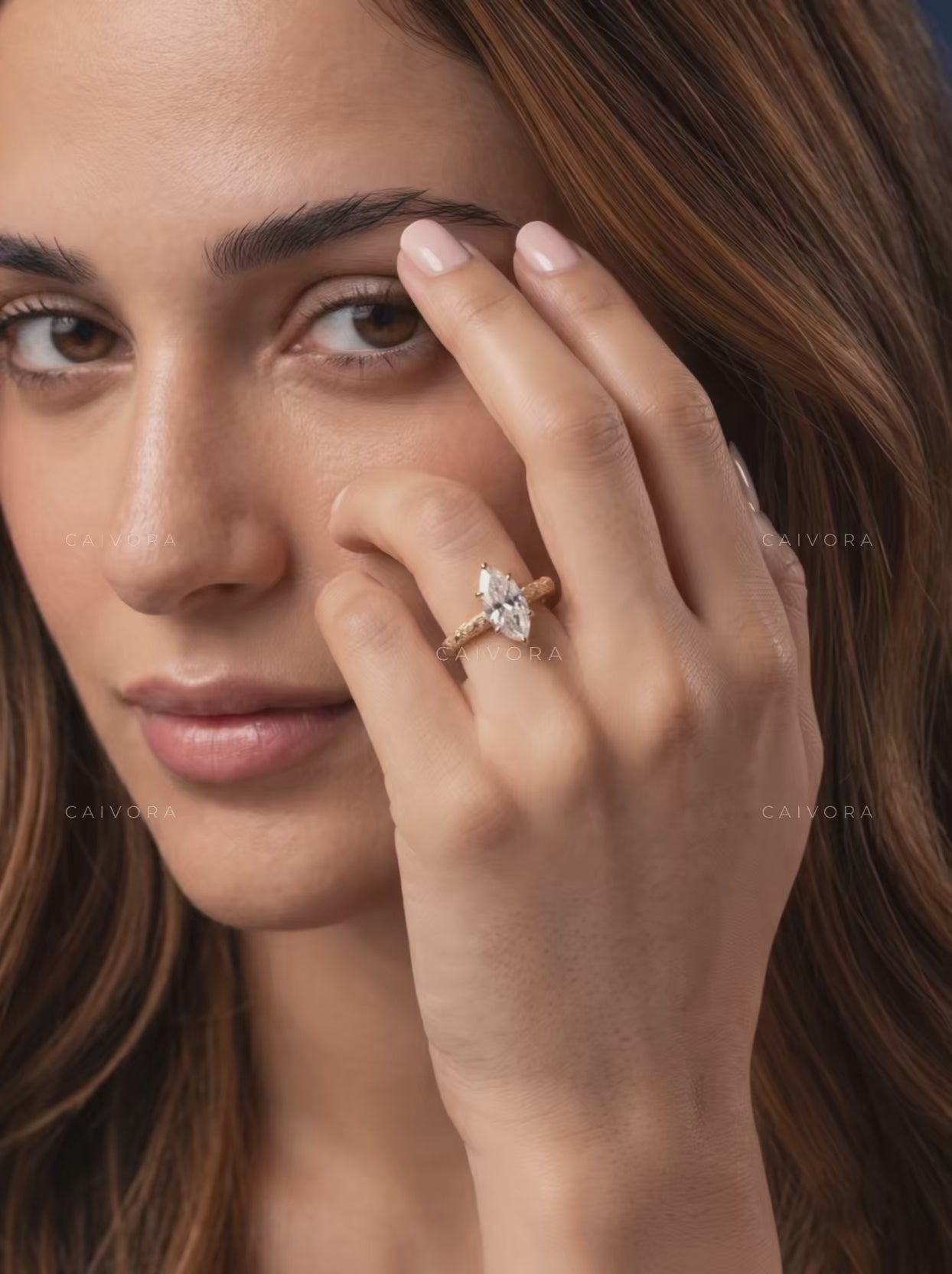Marquise Cut Floral Engraved Solitaire Engagement Ring