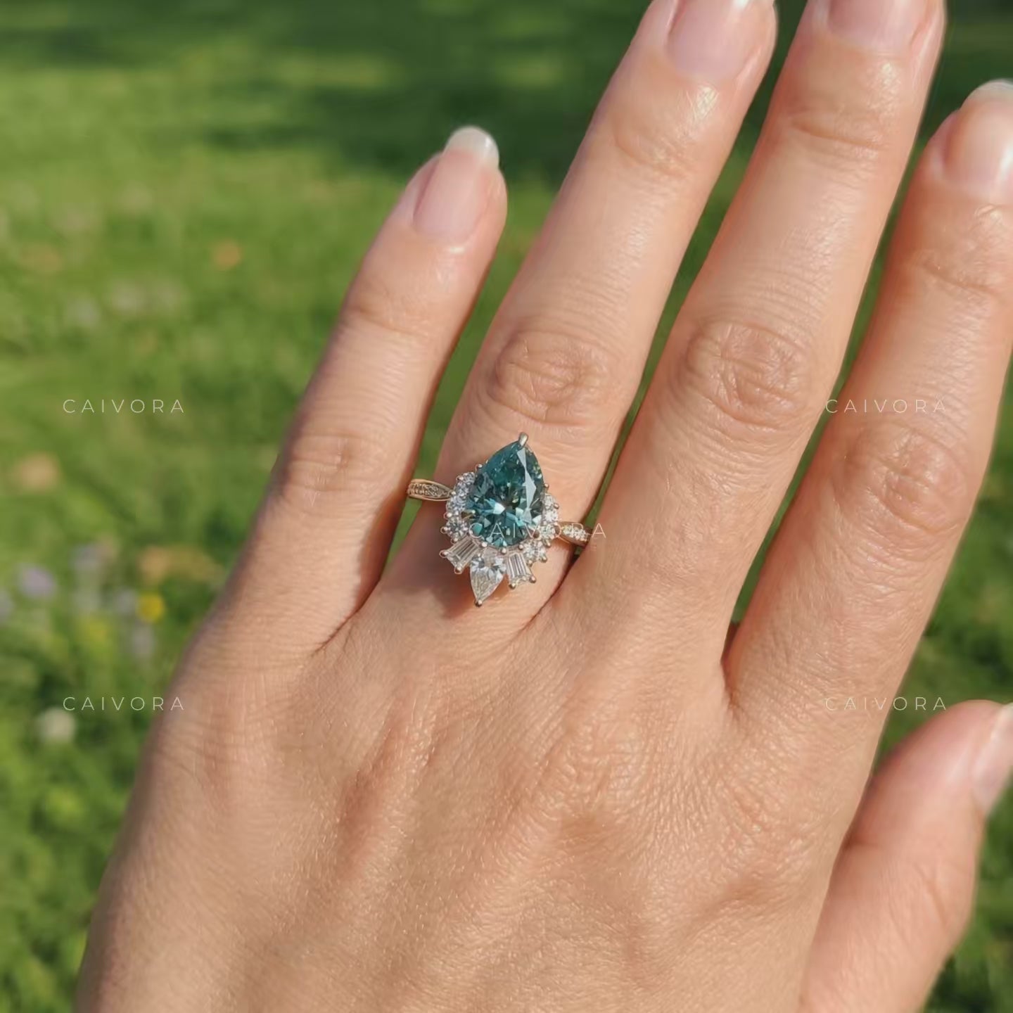Vintage Green Pear Cut Diamond Engagement Ring