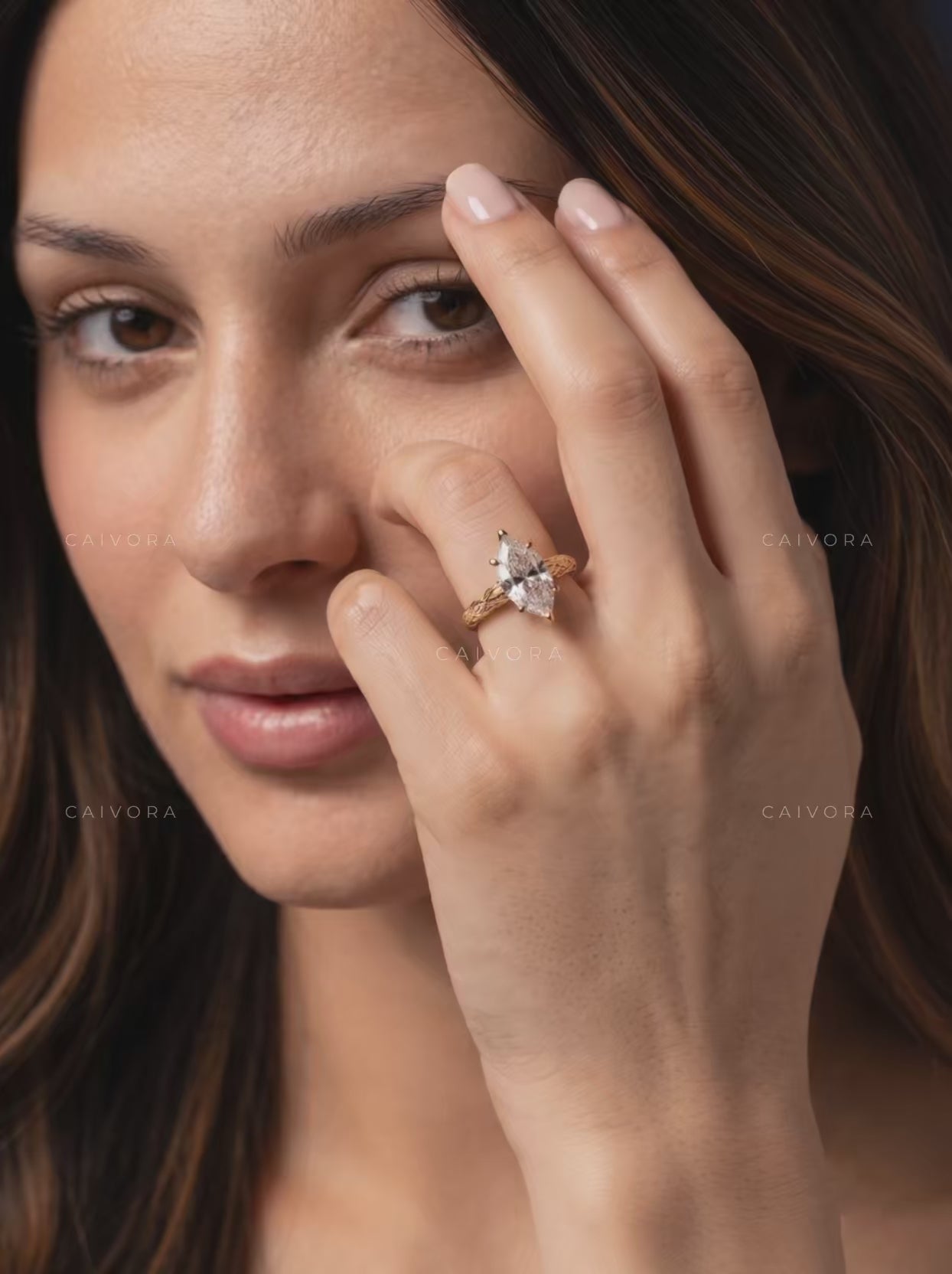 Hexagon Cut Floral Engraved Solitaire Engagement Ring