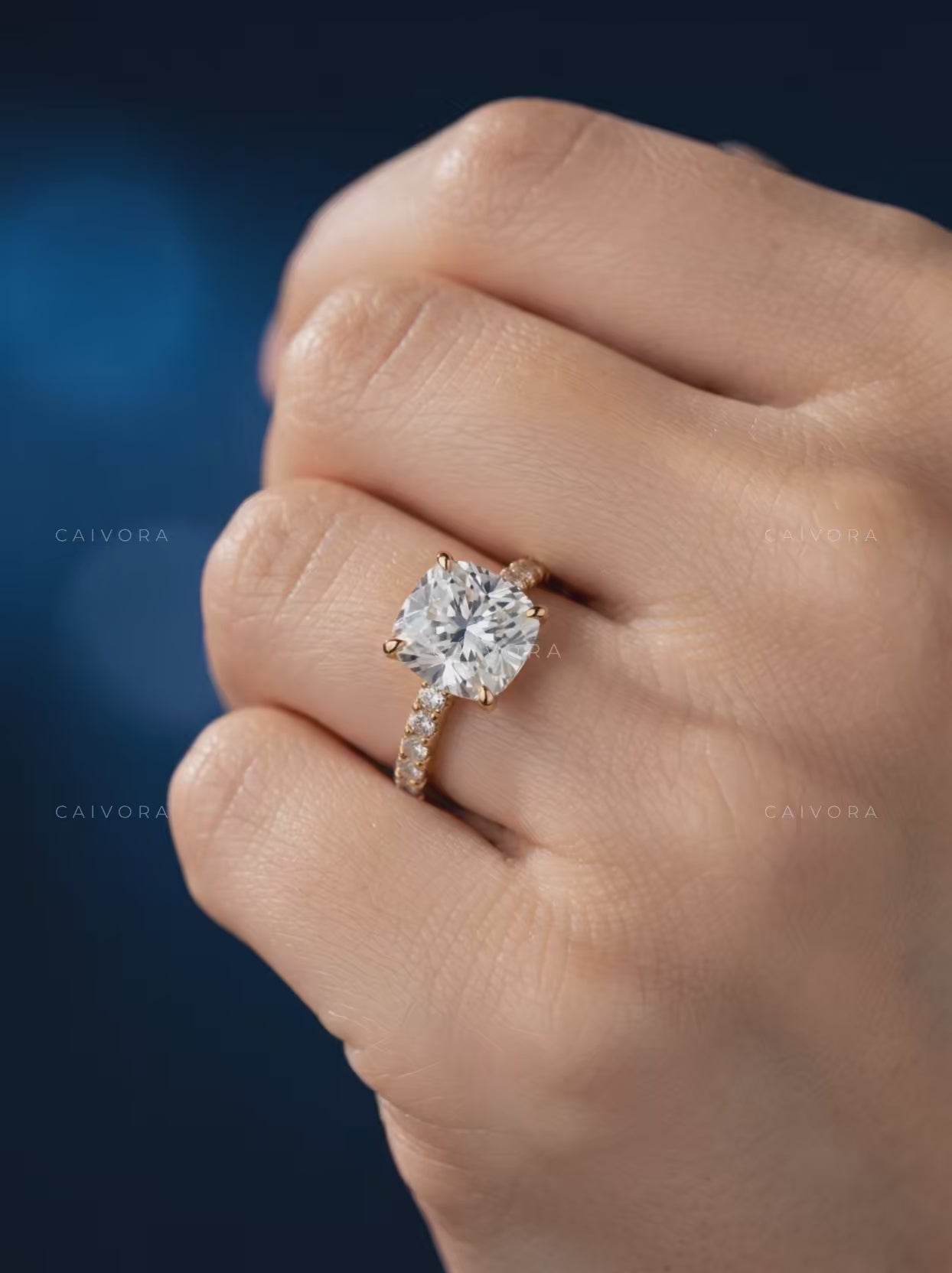Vintage Cushion Pave Hidden Halo Engagement Ring