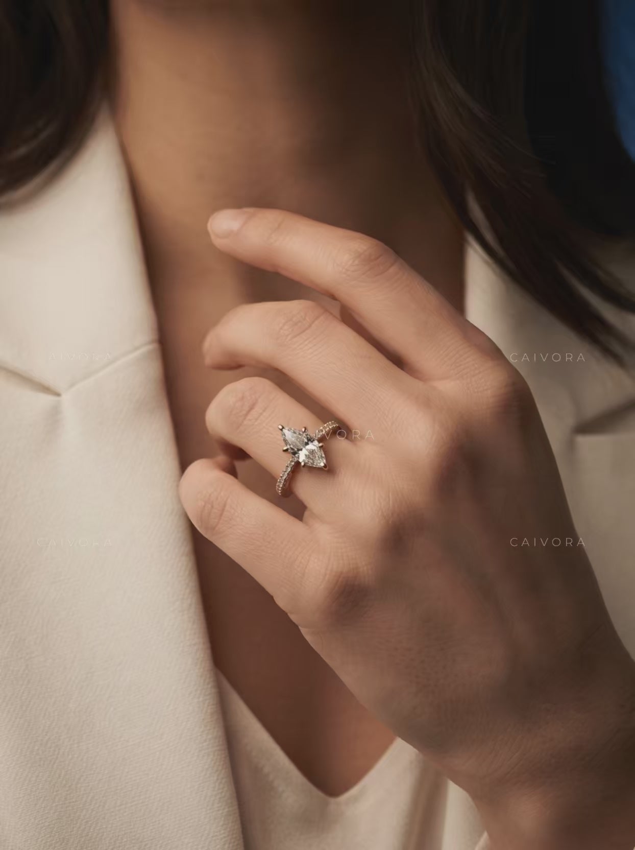 Marquise Cut Diamond Engagement Ring with Tapered Pave Band